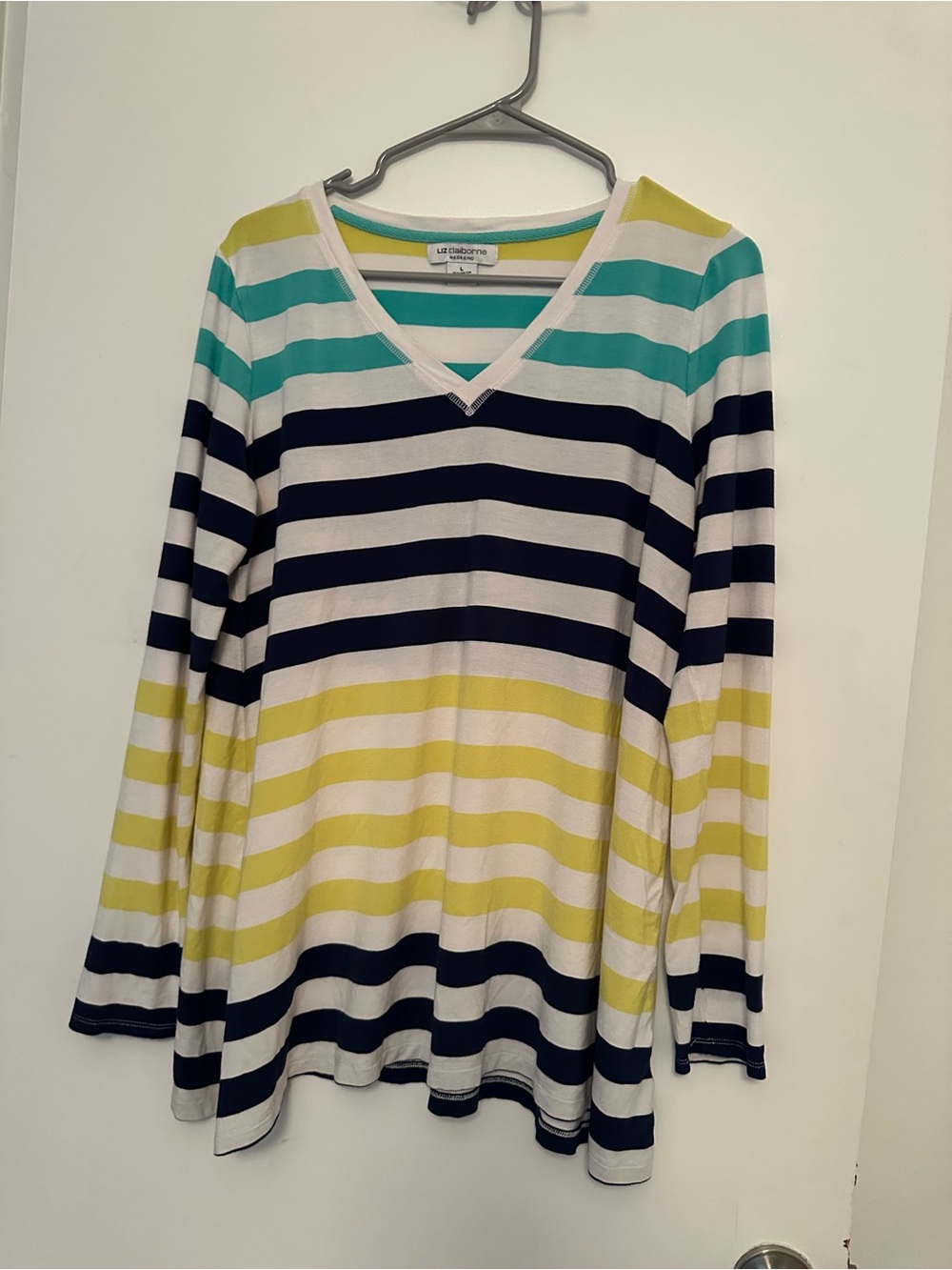 Liz Claiborne Striped V-Neck Long Sleeve Top - White, Navy & Aqua-Green